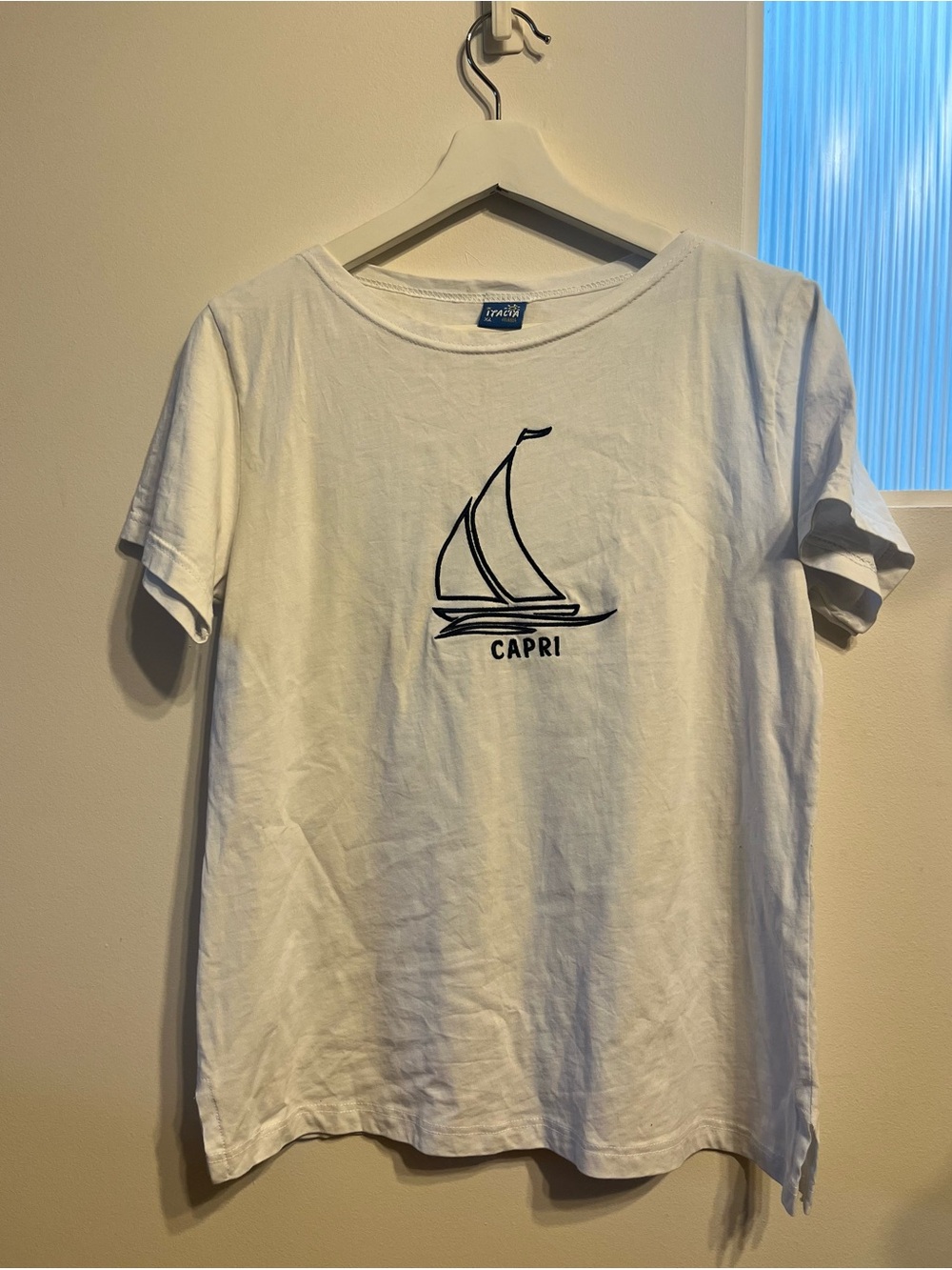 White Short Sleeve Tee with Sailboat Graphic